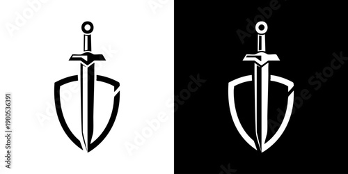 A shield and sword illustration features a medieval weapon on white and black backgrounds.