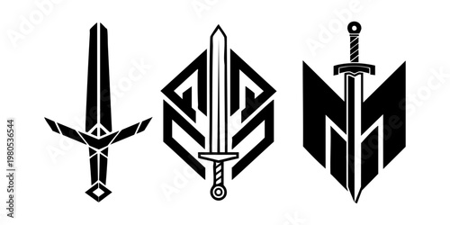 Three stylized swords with geometric designs are displayed side by side.