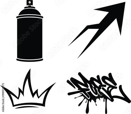 Graffiti Symbols with Spray Can, Arrow, Crown and and Tag on White