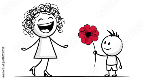 Cute Stick Figure Illustration of a Little Boy Giving a Large Red Flower to a Happy Woman, Symbolizing Love, Kindness, and Appreciation