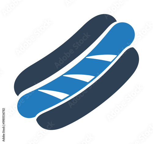 Vector of a stylized hot dog bun with a sausage inside, using bold blue and dark colors