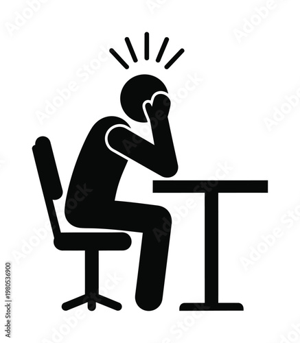 Vector of a person sitting at a desk with their hands on their forehead in distress