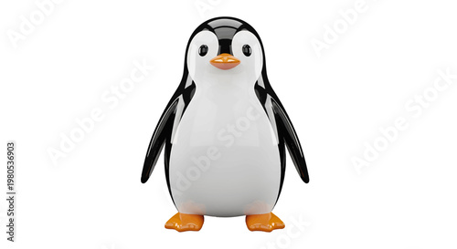 Charming and adorable black and white cartoon penguin character, rendered in 3D with a friendly expression, standing upright, ideal for kids' content, winter themes, or as a delightful mascot design
