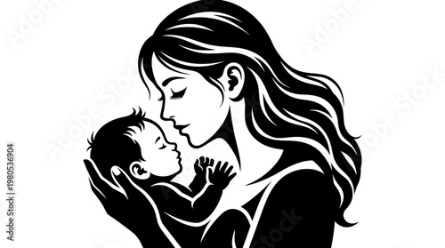 Mother Holding Newborn Baby Silhouette - Minimalist Black and White Vector Illustration of Maternal Love and Nurturing Family Bond