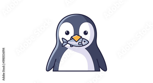 Cute cartoon penguin illustration, happy and holding a fresh fish in its beak. Adorable aquatic bird character enjoying its meal, ideal for nature, animal themes, and kid-friendly designs