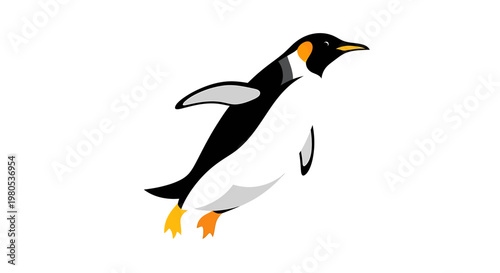 A cute cartoon penguin illustration with orange feet in mid-air with wings outstretched as if flying or diving