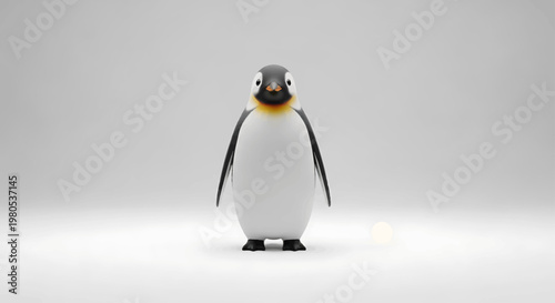 A charming 3D render of a small emperor penguin standing on a white surface, looking directly at the viewer with a bright yellow and orange neck marking