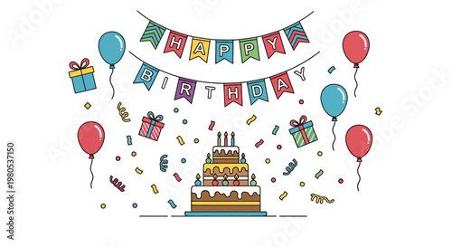 Happy Birthday Celebration with Cake, Balloons, Gifts, and Confetti - Flat Design
