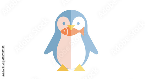 Cute cartoon penguin with fish in its beak, minimalist flat illustration for animal lovers and nature enthusiasts