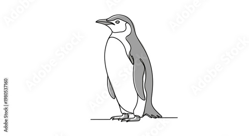 Elegant minimalist continuous line drawing of a penguin, showcasing the sleek form of an arctic bird in a modern, artistic style for nature-inspired designs and simple aesthetics