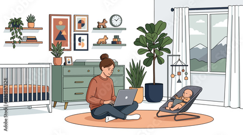 Modern Mother Working on Laptop in Nursery with Baby in Bouncer, Work from Home Lifestyle Flat Vector Illustration
