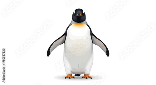 Charming illustration of a majestic penguin standing tall and upright, looking directly at the viewer, isolated on a clean white background, showcasing arctic wildlife with artistic detail