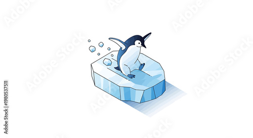 Playful Cartoon Penguin Enjoying a Fun Slide on a Glacial Ice Floe, Creating Splashes in the Cold Water – A Whimsical Arctic Adventure Illustration