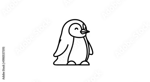 A simple black and white line drawing of a cute, happy penguin standing on its feet, depicted with minimalist charm against a plain background