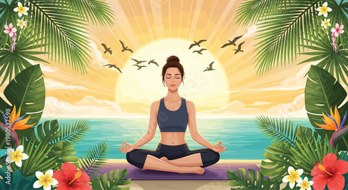 Woman Meditating on Beach at Sunset