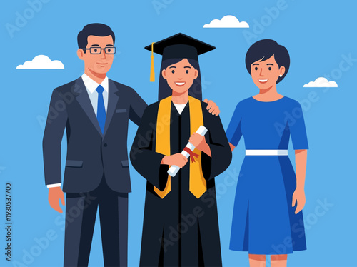 Happy Female Graduate with Proud Parents on Graduation Day Flat Vector Illustration