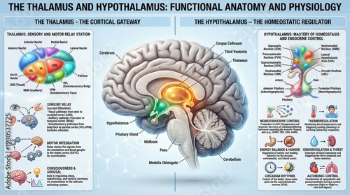 Detailed Diagram of Thalamus and Hypothalamus Brain Functions with Anatomy and Physiology Overview