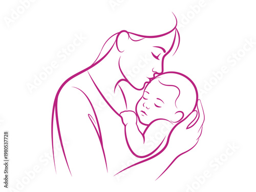 Mother Kissing Sleeping Baby Line Art Illustration - Minimalist Motherhood and Newborn Care Concept Vector Drawing
