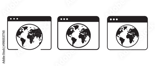 Global Internet Access Icons. Three minimalist browser windows displaying Earth globes in black and white.
