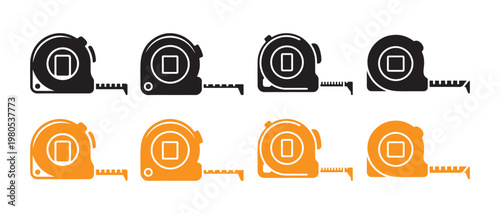 Tape Measure Icons Set. in Black and Orange for Measurement, Construction, and DIY Projects on White Background.