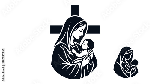 Virgin Mary Holding Baby Jesus Silhouette with Christian Cross - Minimalist Madonna and Child Icon for Religious Design, Faith, and Spirituality - Black and White Vector Illustration