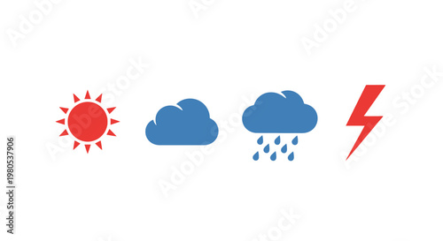 Weather Icons: Sun, Clouds, Rain, and Lightning Bolt on White Background