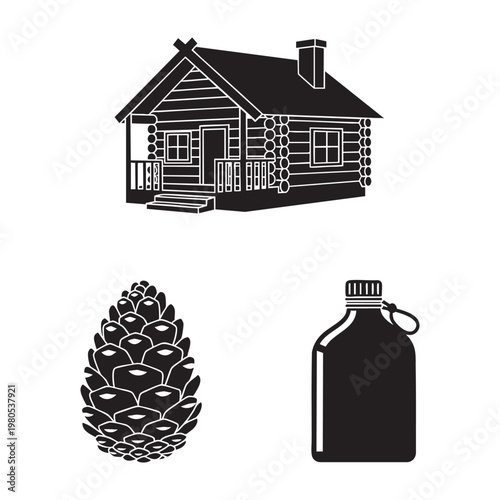 Rustic log cabin icons with pinecone and camping canteen