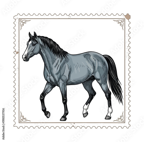 Vector of a gray horse trotting gracefully within a decorative stamp frame.