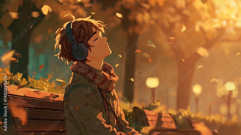 Obraz premium Anime boy with headphones sitting on park bench, eyes closed, short brown hair, warm golden sunset through autumn trees, soft bokeh, cinematic lighting, detailed illustration