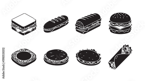 Assorted Food Icons with Isometric Perspective on White Background