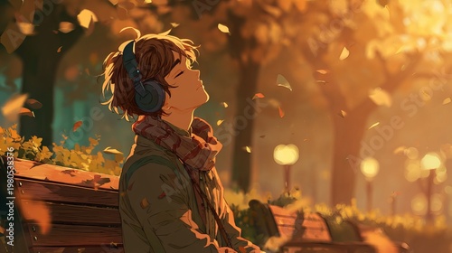 Anime boy with headphones sitting on park bench, eyes closed, short brown hair, warm golden sunset through autumn trees, soft bokeh, cinematic lighting, detailed illustration