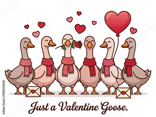 Just a Valentine Goose Adorable Illustration - Cute Geese with Hearts, Rose, and Love Letters for Valentine's Day Greeting Cards