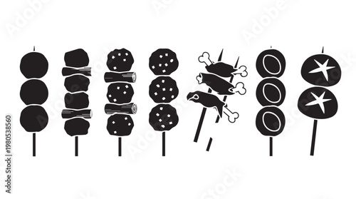 Assorted Skewered Foods and Ingredients in Silhouette Style