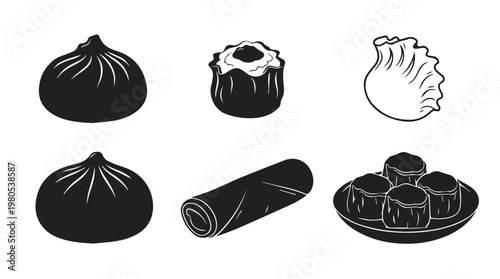 Assorted Steamed Dumplings and Spring Rolls in Simple Silhouette Style