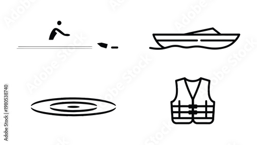 Water Recreation Icons: A collection of minimalist line art icons symbolizing water-based activities and safety essentials, perfect for illustrating recreational themes.
