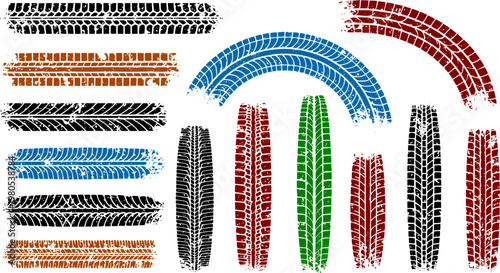 Set of colorful grunge tire tracks and tread marks