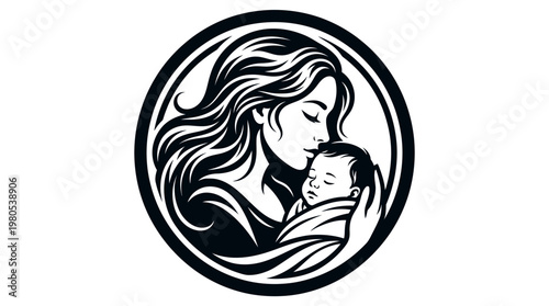 Mother and Baby Logo Illustration, Elegant Black and White Vector Art of Mom Holding Newborn Infant in Circular Frame, Motherhood and Childcare Symbol