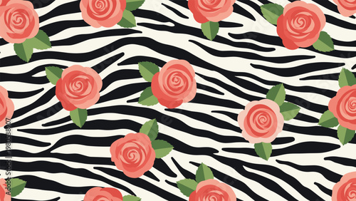 Bold fashion pattern combining pink roses with green leaves over a black and white zebra stripe animal print for a modern artistic look.