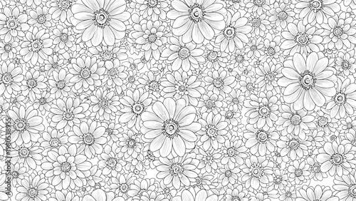 Detailed black and white seamless pattern of many small spring flowers and petals providing a complex botanical texture for various designs.
