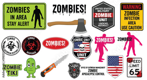 Zombie apocalypse survival signs and military unit badges, undead outbreak warning labels and tactical patches, horror themed vector sticker set