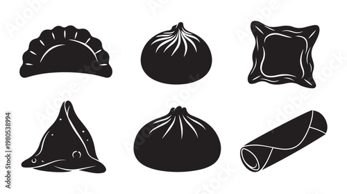 Assortment of six different types of dumplings and pastries in a clean black silhouette on a white background