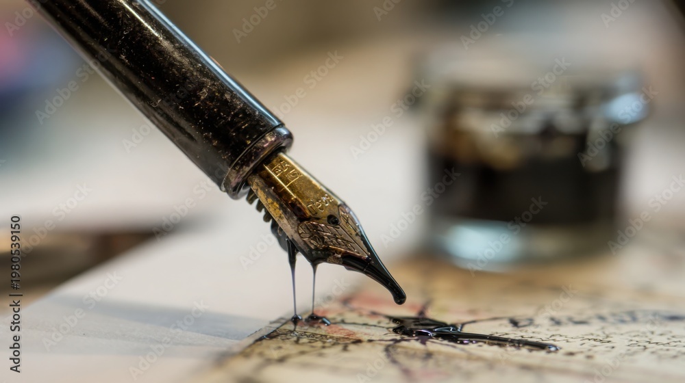 Naklejka premium Classic fountain pen with thick glossy black ink creating bold strokes on textured paper