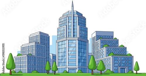Modern city skyline vector illustration, blue glass skyscraper and office buildings, urban landscape with green trees on white background
