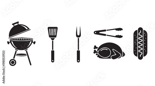 Barbecue grill with utensils and food items for outdoor cooking and dining