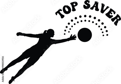 Silhouette of woman diving to save volleyball with text Saver
