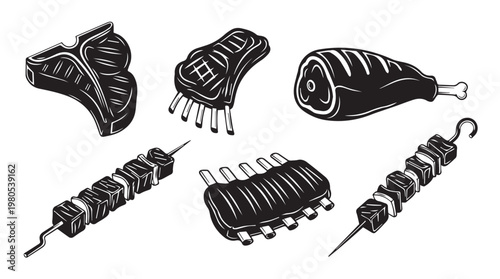 Barbecue meat assortment with skewers and bone-in cuts in a graphic style