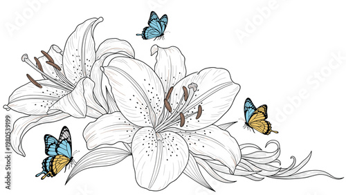 Beautiful arrangement of large white lilies and fluttering blue and yellow butterflies depicted with detailed line-art and soft coloring.