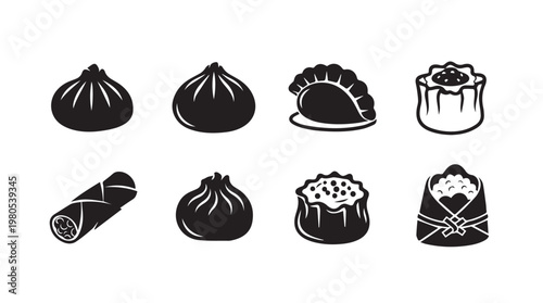 Collection of Asian Dim Sum and Spring Roll Icons in Black Silhouette Style