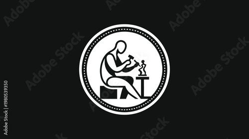 Artisan Crafting a Sculpture in a Circular Emblem
