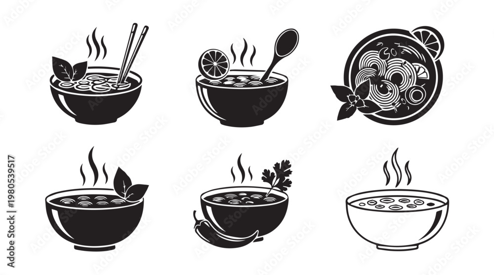Fototapeta premium Collection of steaming soup bowls with diverse garnishes and chopsticks in a minimalist style